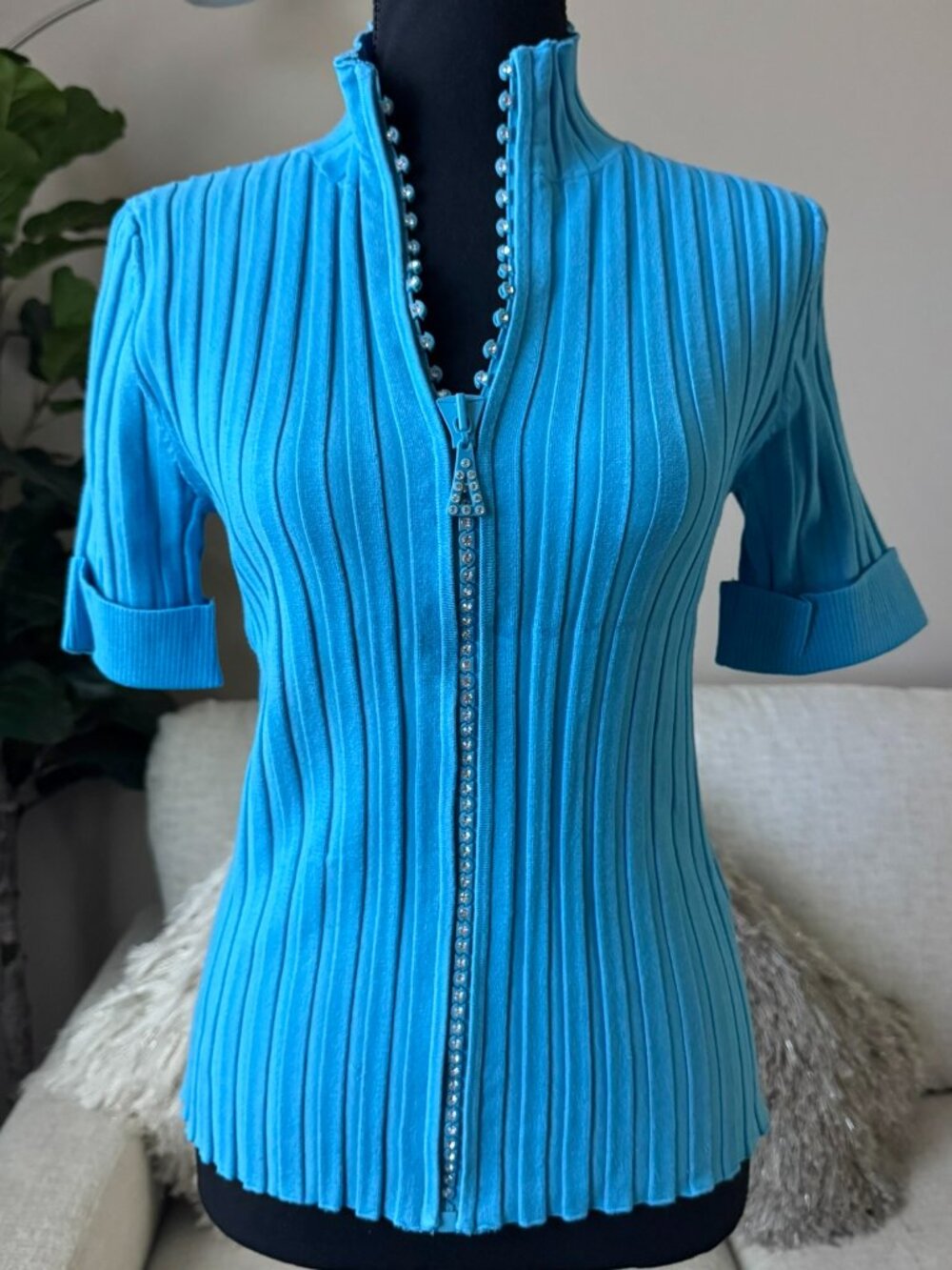 Belldini Sexy Turquoise Blue Rhinestone Crystal Zipper Ribbed Shirt Medium M